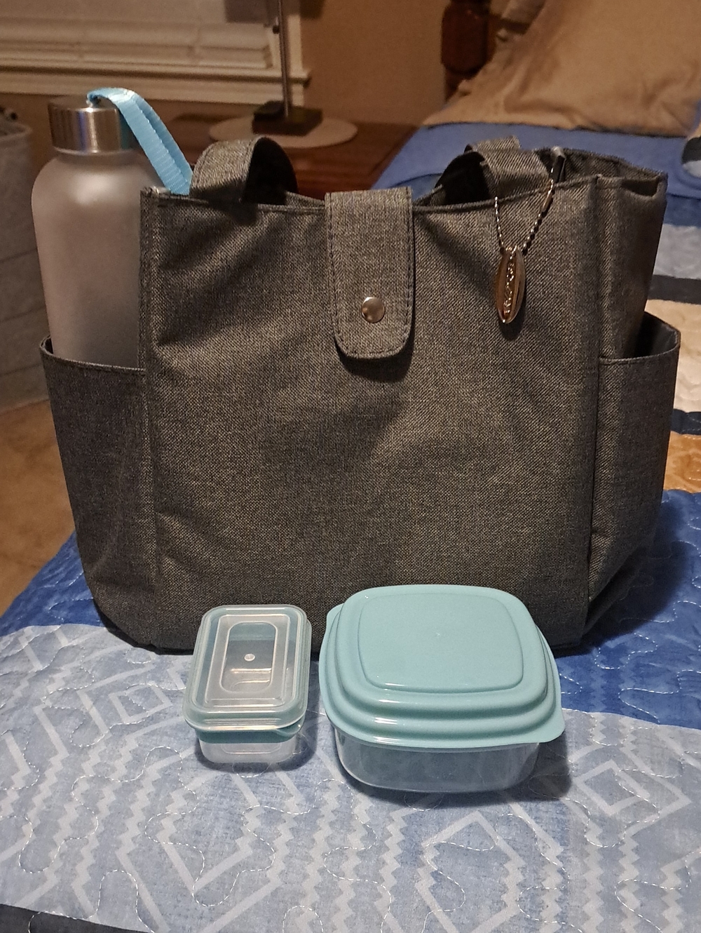 Gray Lunch Tote Bag with Aqua Meal Containers